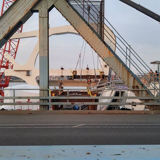 Cool, clear day for putting the new bridge puzzle together