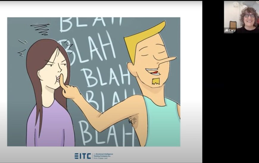 A cartoon of a man and a woman talking to each other.