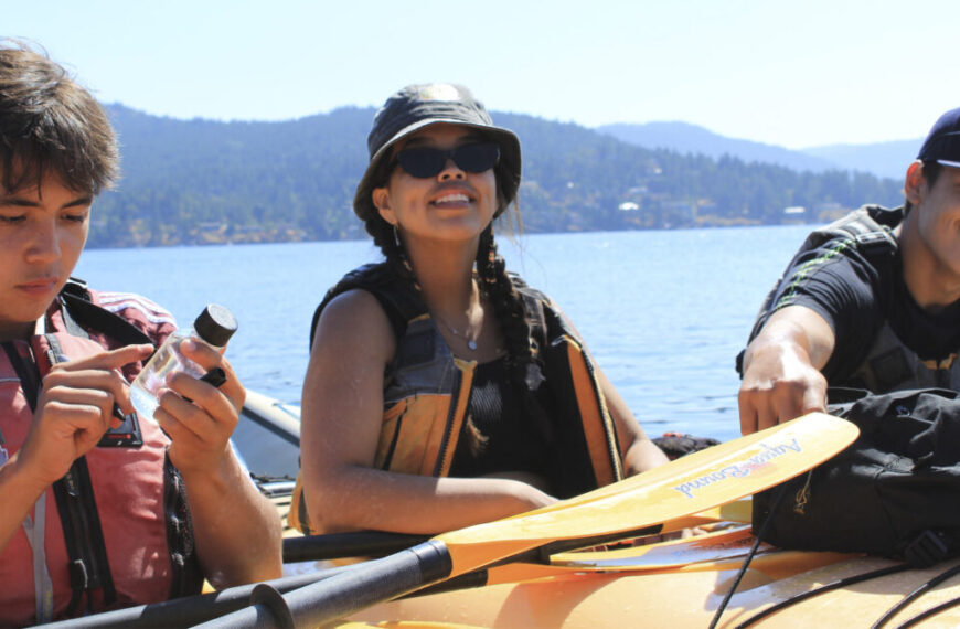 A group of people in a kayak.