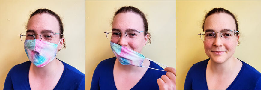 Four pictures of a woman wearing a face mask.