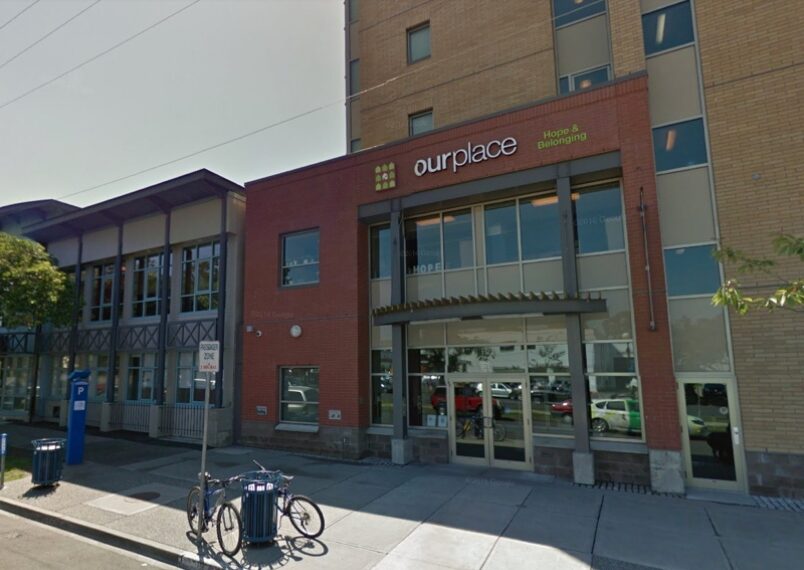 A google street view of a building with a bicycle in front of it.
