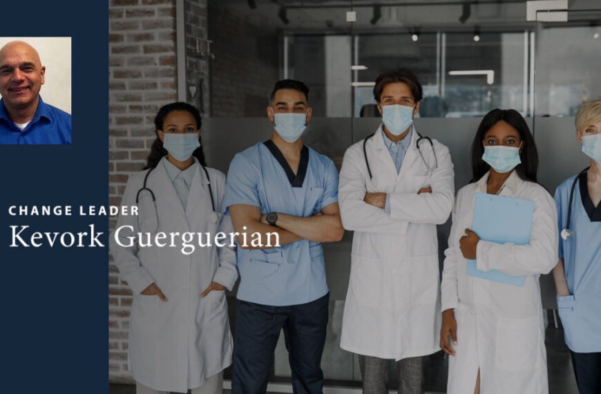 A group of doctors wearing masks with the words change leader kewk guergerian.