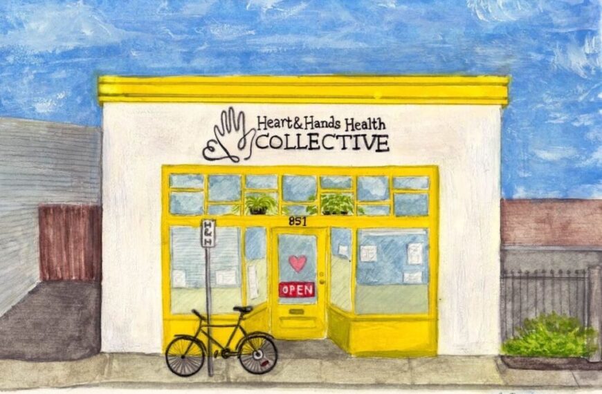 A drawing of a yellow building with a bicycle in front of it.