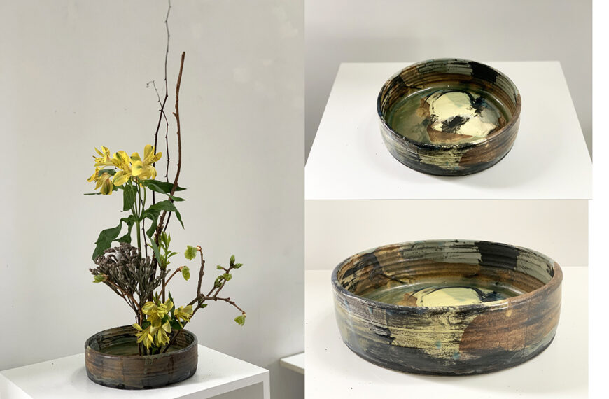 Three pictures of a bowl with flowers in it.
