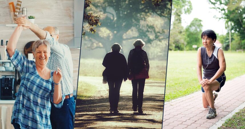 A collage of pictures of older people doing exercise.