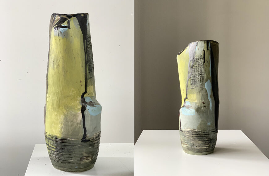 Two pictures of a vase with a yellow and blue color.