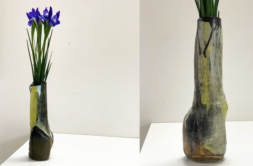 Two pictures of a vase with flowers in it.