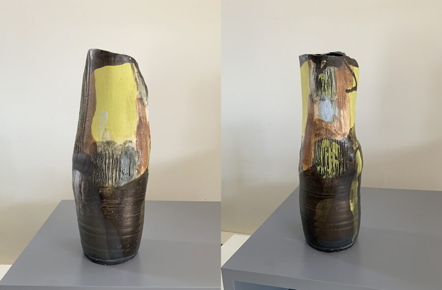 Two pictures of a vase with yellow and brown paint on it.