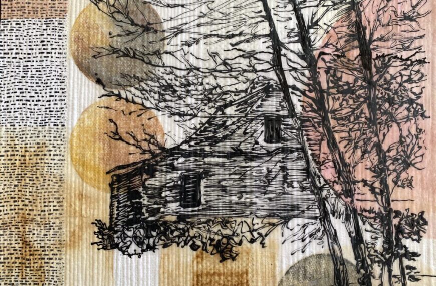 A black and white drawing of a house and trees.