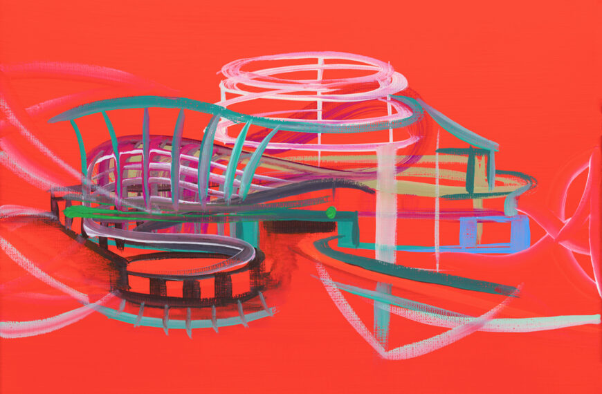 An abstract painting of a building on a red background.