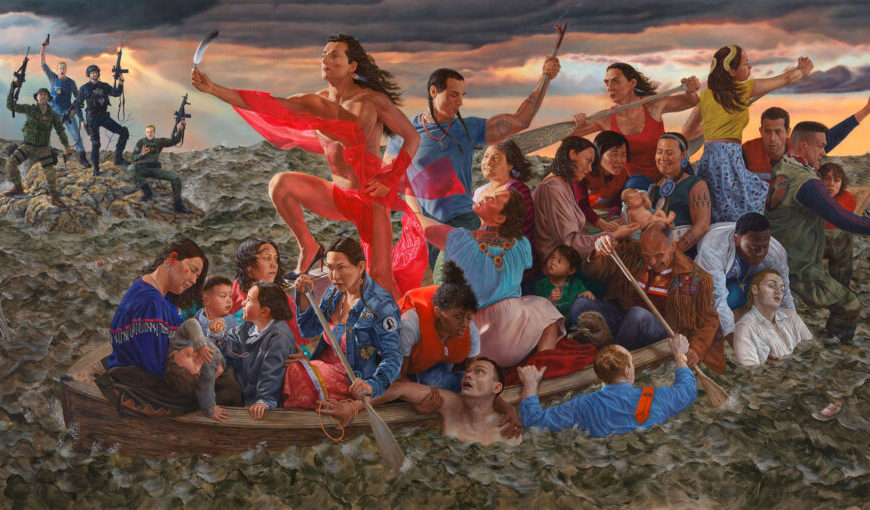 A painting of a group of people on a boat.