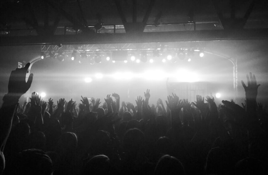 A black and white photo of a crowd at a concert.