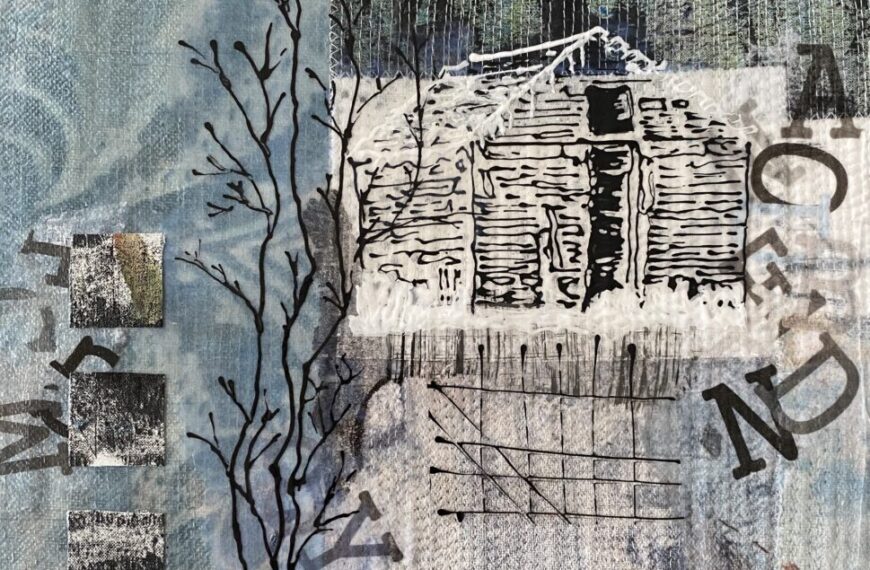 A mixed media painting of a house and trees.