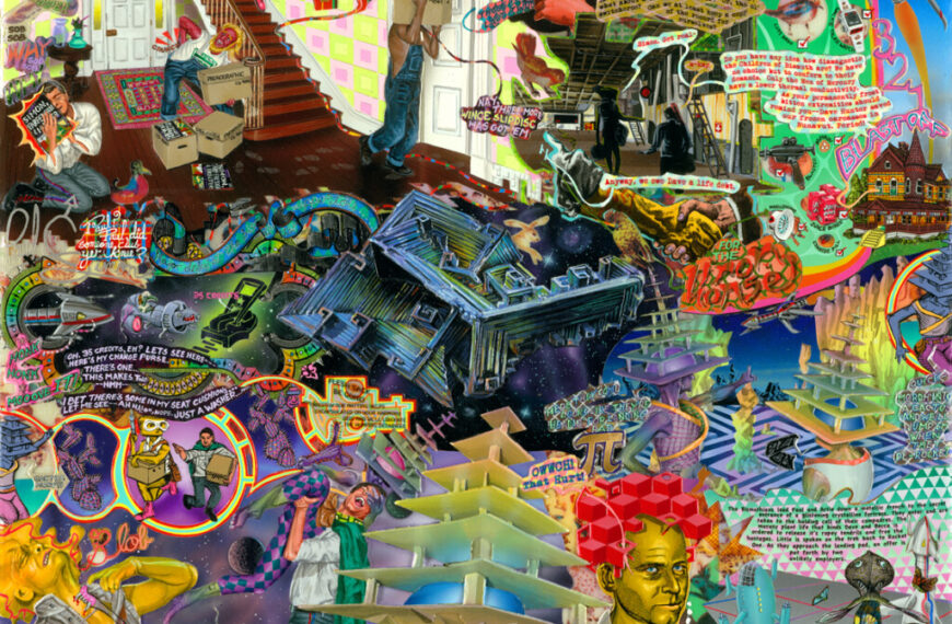 A painting with many different things on it.