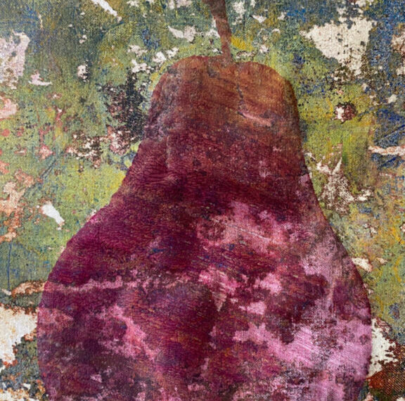 A painting of a pear on a grungy surface.