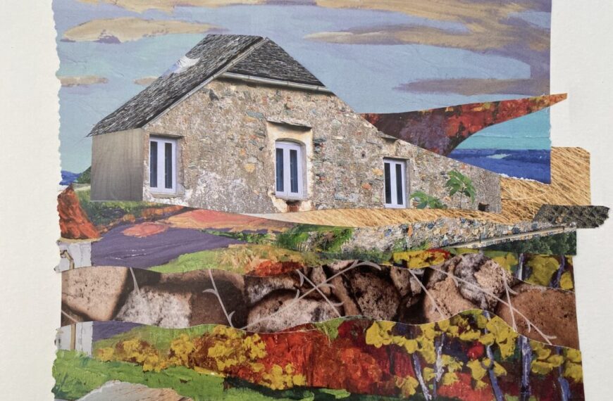 A collage of a house with a mountain in the background.
