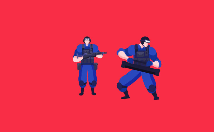 Two soldiers standing on a red background.