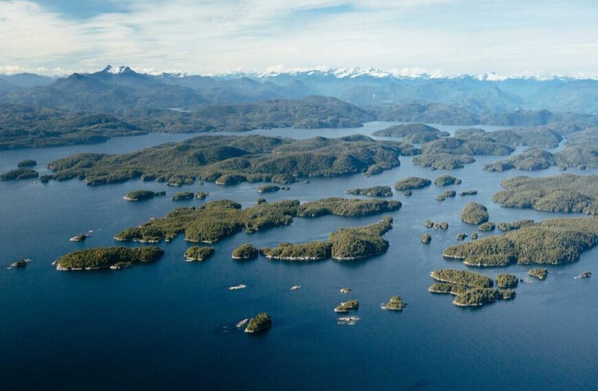 An aerial view of a group of islands in a body of water.