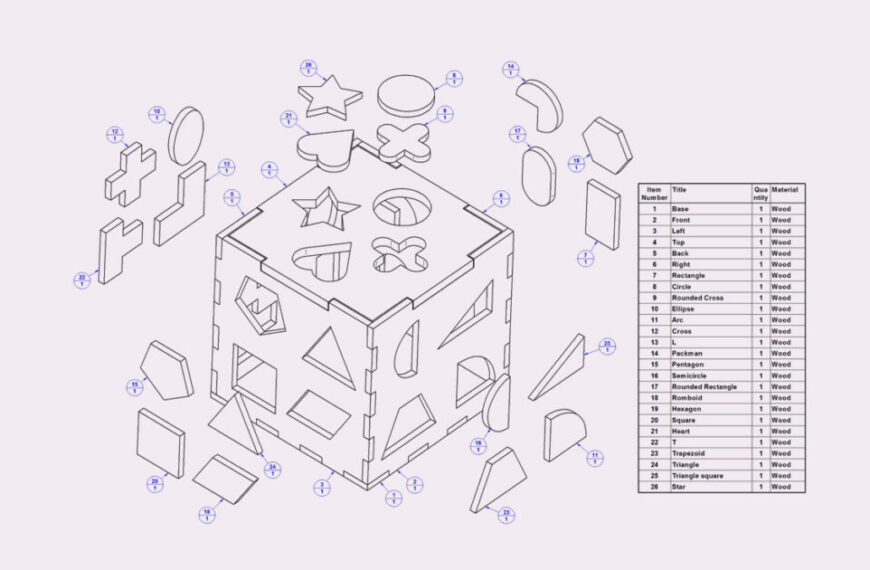 A drawing of a building with a number of objects on it.