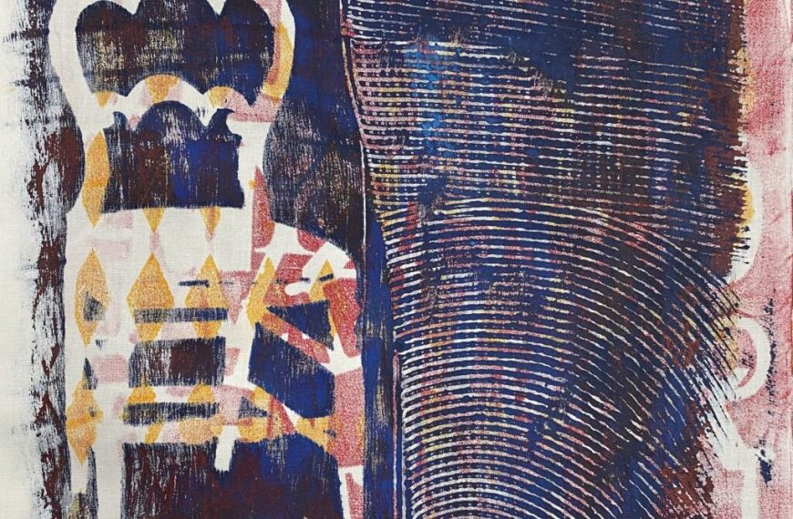 A painting of a chair on a blue background.