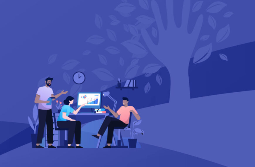 A group of people sitting at a desk with a tree in the background.