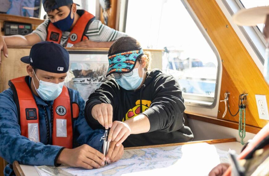 A group of people wearing face masks on a boat.