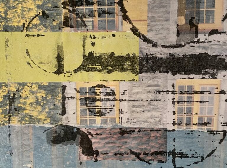 A piece of art with a yellow, blue, and green background.