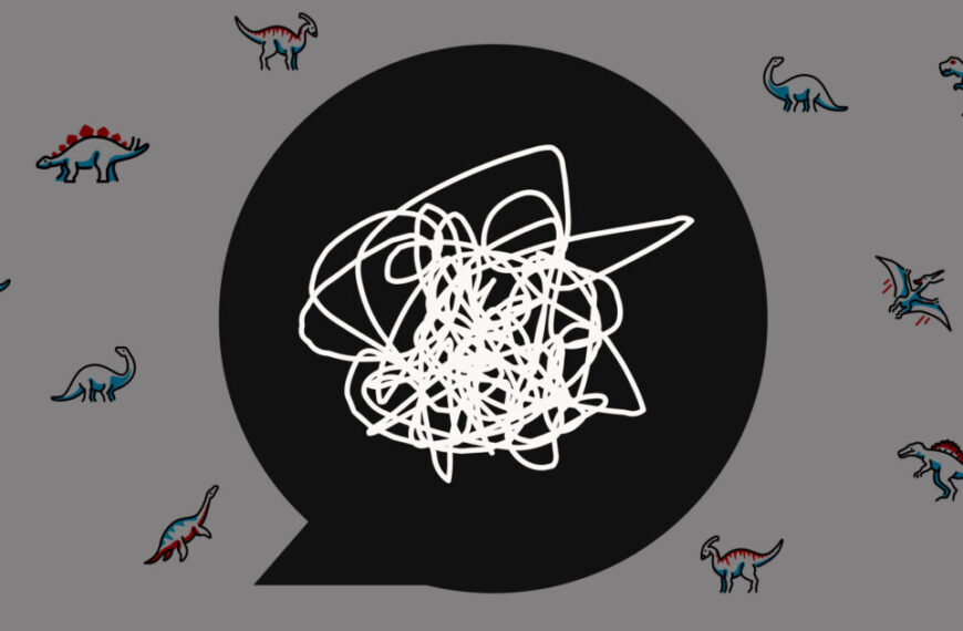 A drawing of a speech bubble with dinosaurs around it.
