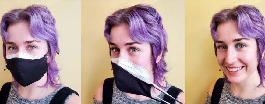 Four pictures of a woman with purple hair wearing a face mask.