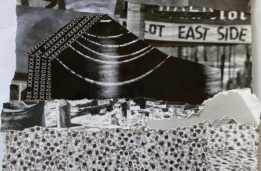 A collage with a black and white image of a building.