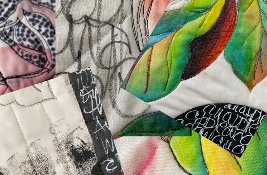 A close up of a quilt with leaves and drawings on it.