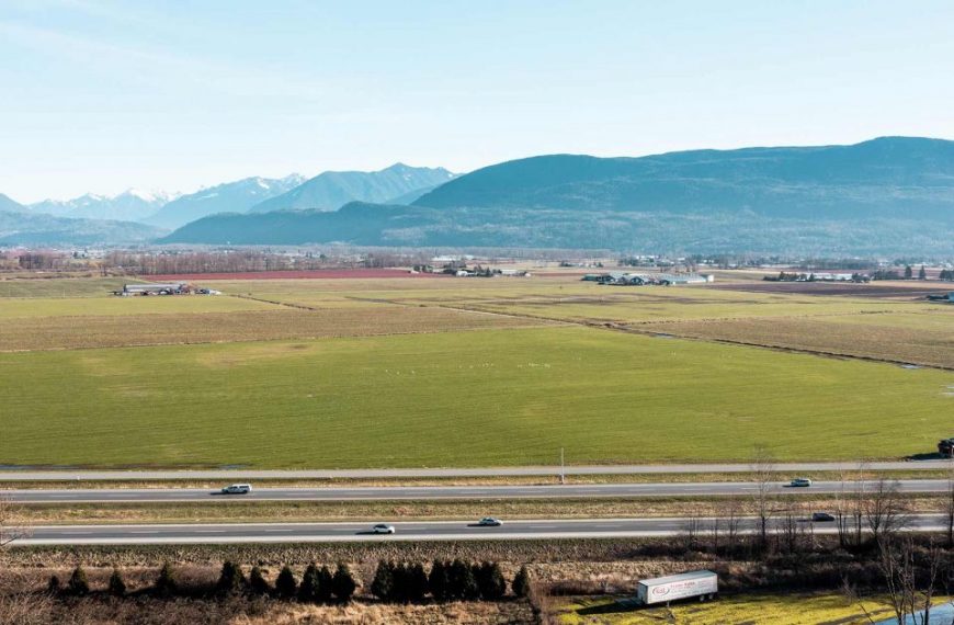 An aerial view of a field with mountains in the background.