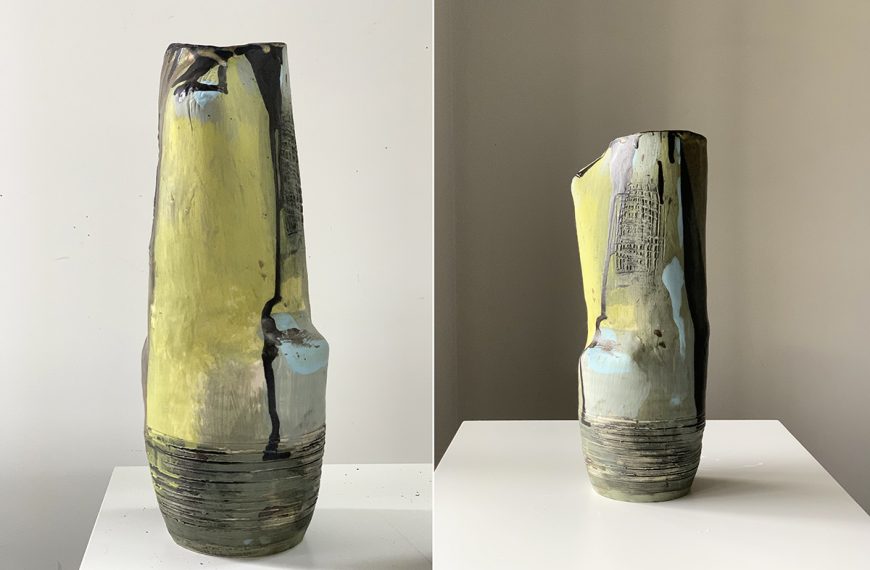 Two pictures of a vase with a yellow and blue color.