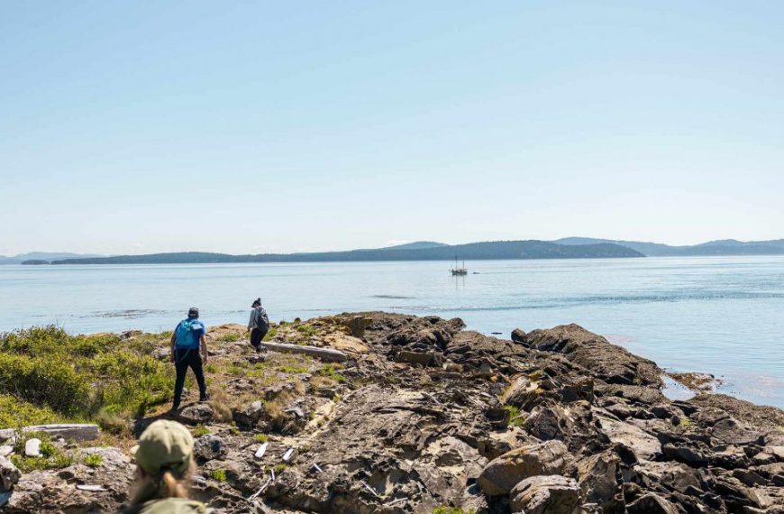 A group of people standing on a rocky shore near a body of water.