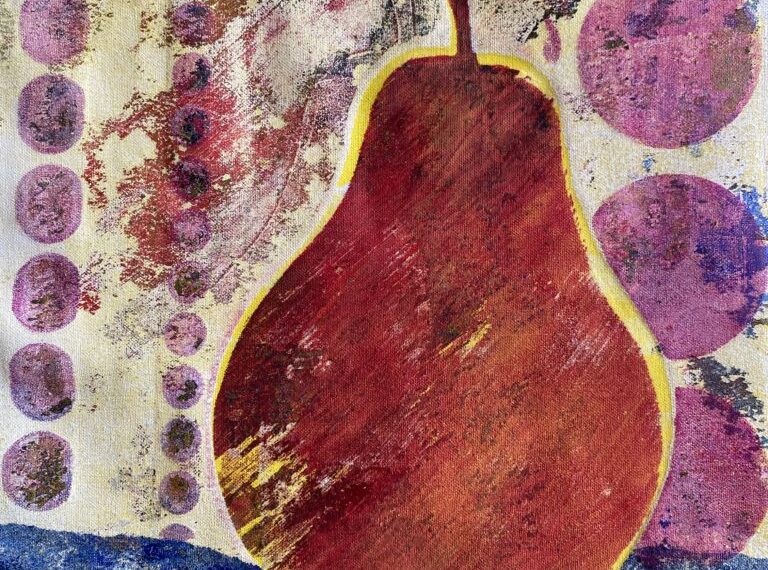 A painting of a pear on a blue background.
