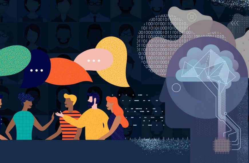 A group of people talking in front of a brain with speech bubbles.