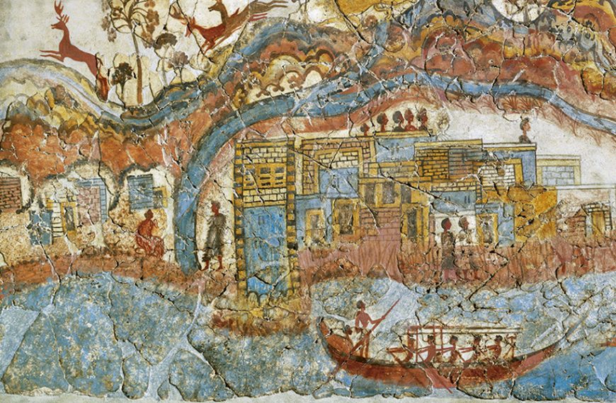 A painting of a boat and people on a river.