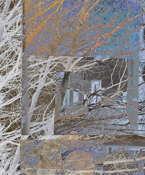 A painting of a house with trees in the background.