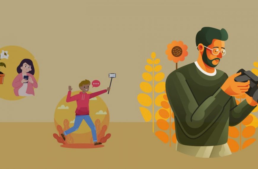 An illustration of a man holding a camera and a woman holding a camera.