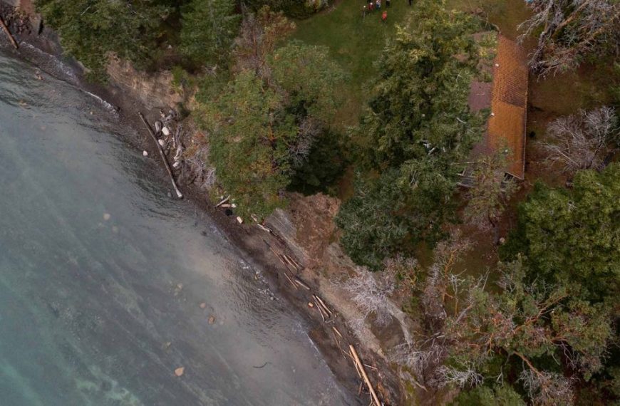 An aerial view of a house near the water.