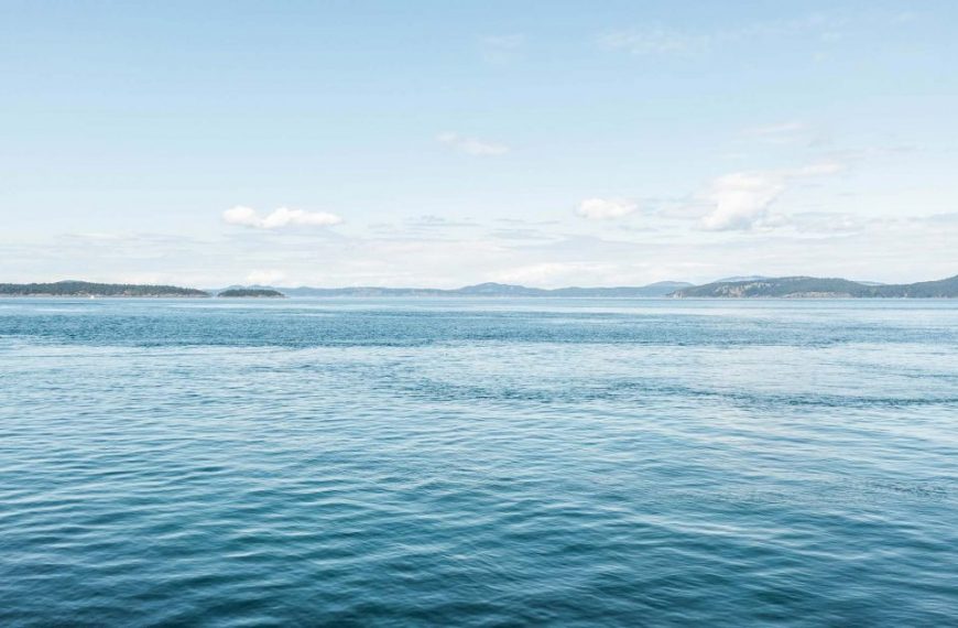 A view of a body of water with mountains in the background.