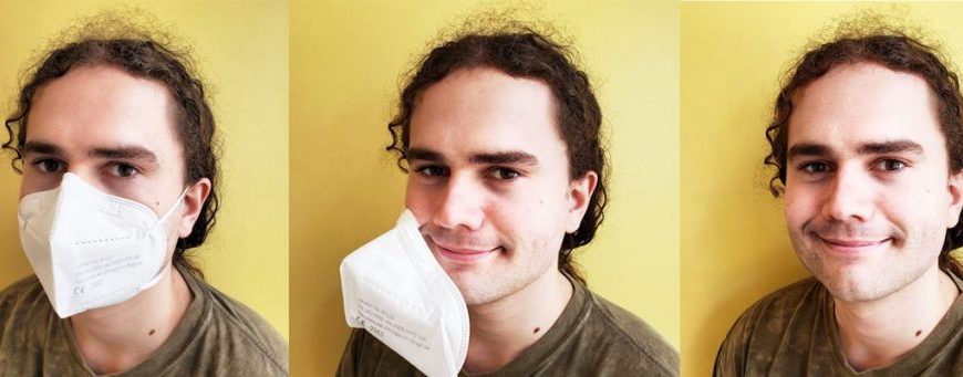 Four pictures of a man with a tissue in his mouth.