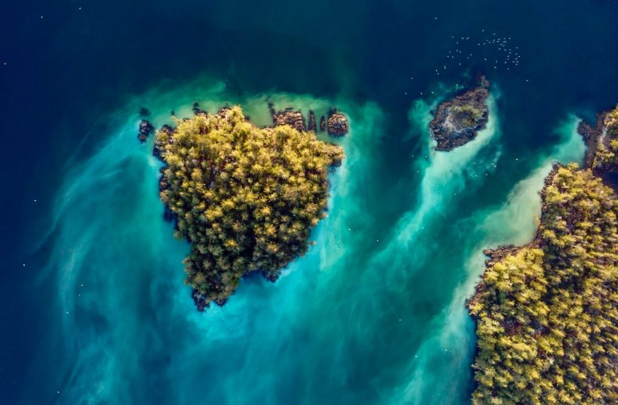 An aerial view of a small island in the water.