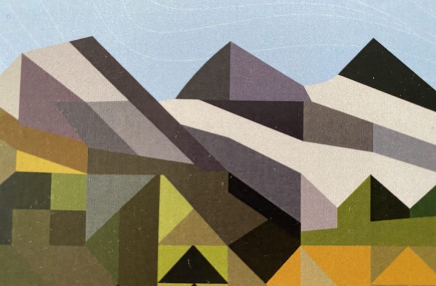 A painting of mountains with triangles in the background.
