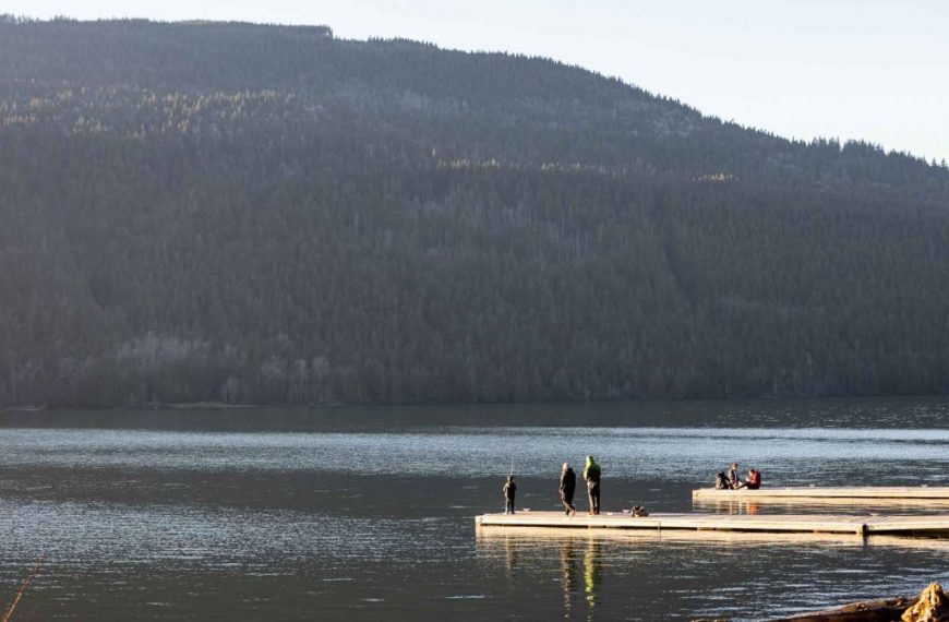 A group of people standing on a dock near a lake.