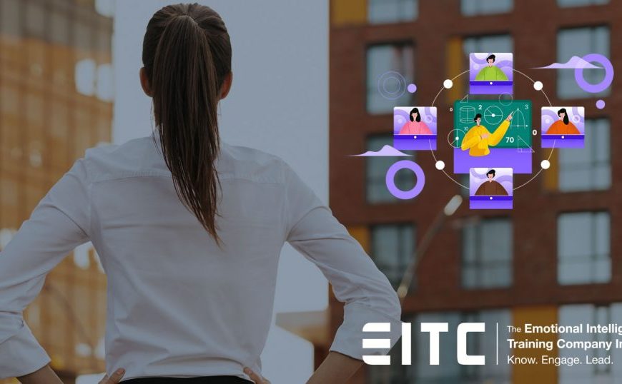 An image of a woman standing in front of a building with the words etc.