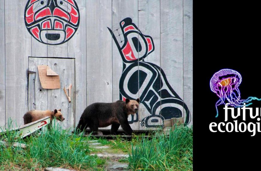 Two bears in front of a building with a sign that says future ecologies.