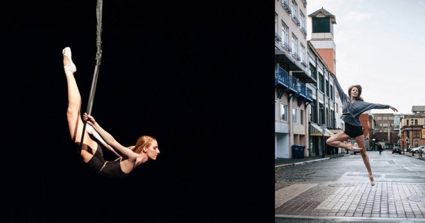 Two pictures of a woman doing acrobatics on a rope.