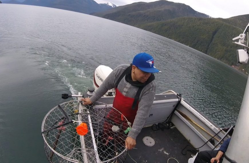A man is standing on the back of a boat with a fishing net.