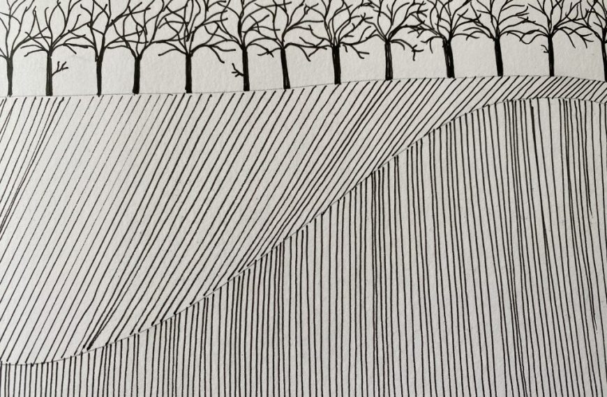 A black and white drawing of trees on a hill.